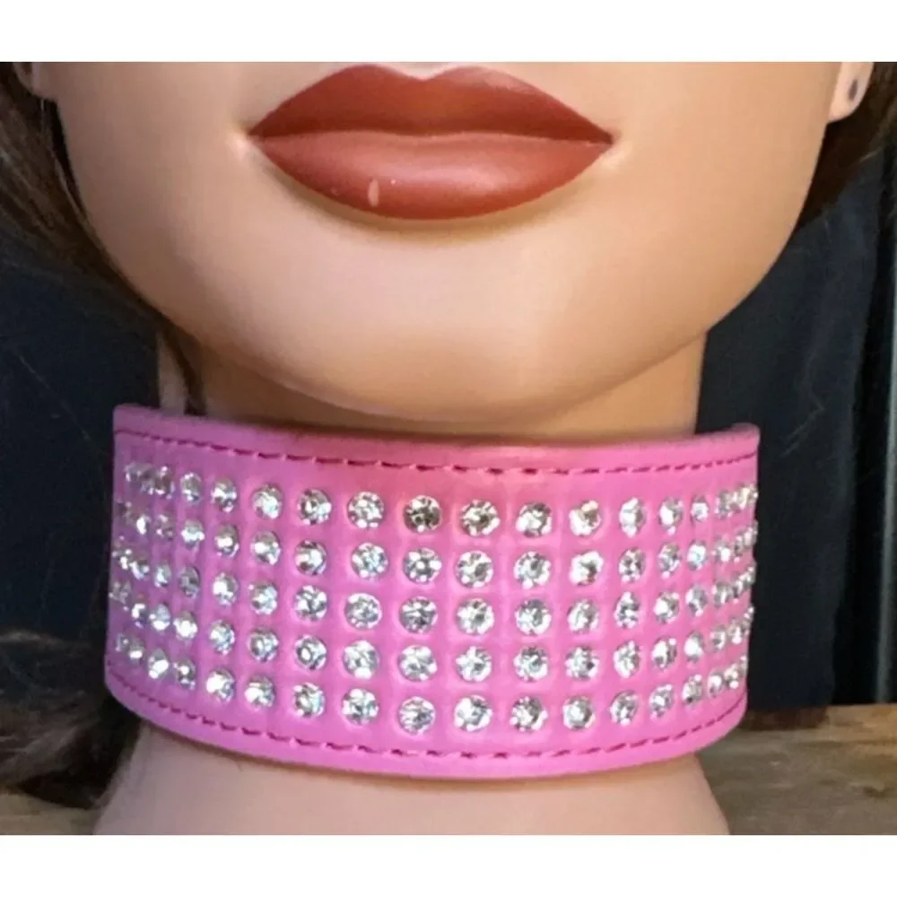 Rhinestone Dog pet collar pink faux leather BLING glam festival whimsy goth